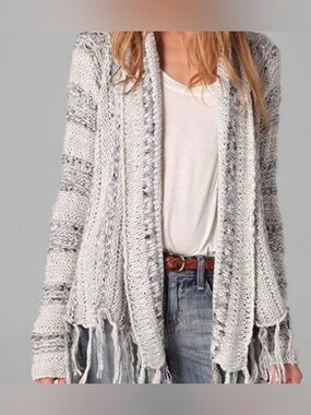 Free People Runaway Love Cardigan Gray Wool Mohair Fringe Size S